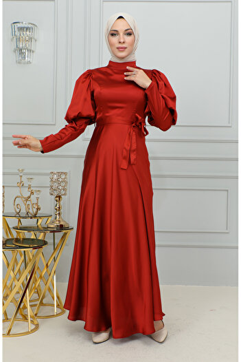 sefamerve Dark Brick Colored Sleeve Detailed Cup Evening Dress - 6084-01