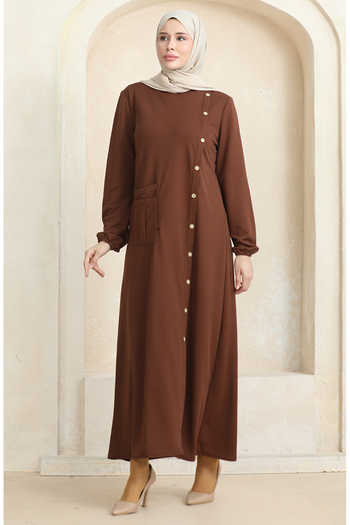 sefamerve Brown Dress with Buttons and Pockets, Model 3029-06