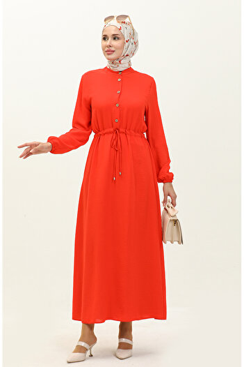 sefamerve Orange 1002-07 Model Gathered Waist Dress