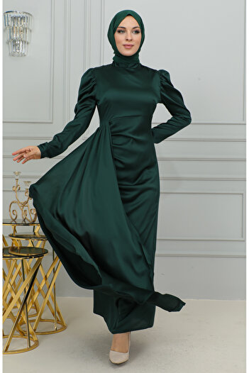 sefamerve Emerald Green Satin Evening Dress with Pleat Detail, Model 6154-05