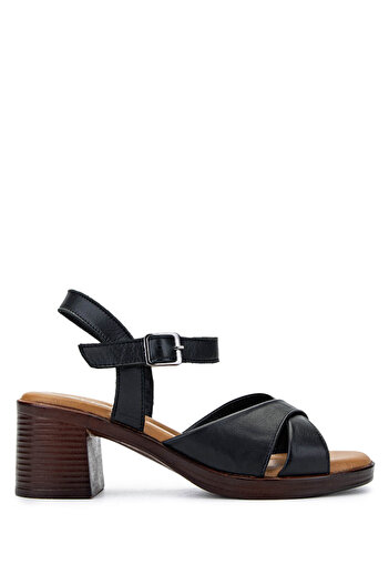 Tamer Tanca Women's Genuine Leather Black Leather Heeled Sandals
