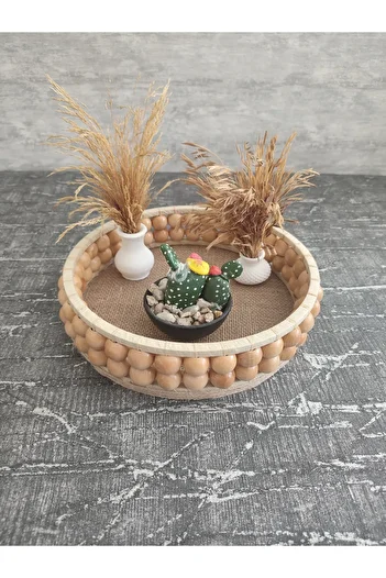 Sorgun Kadın Kooperatifi Beaded Decorative Wooden Round Tray 23 cm