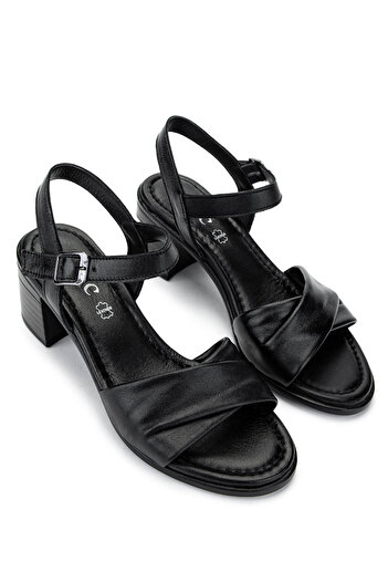 Tamer Tanca Women's Genuine Leather Black Leather Heeled Sandals
