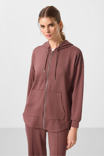TOMMY LIFE Brown Soft Textured Hooded Oversize Women's Tunic Sweatshirt - 97302