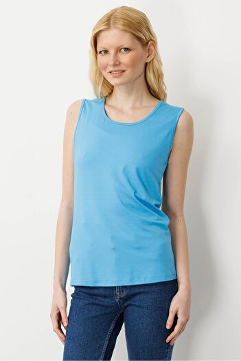 Desen Triko Tricou damă din bumbac pieptănat cu bretele Albastru