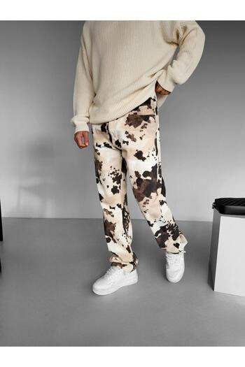 ablukaonline Men's Baggy Fit Patterned Trousers Beige
