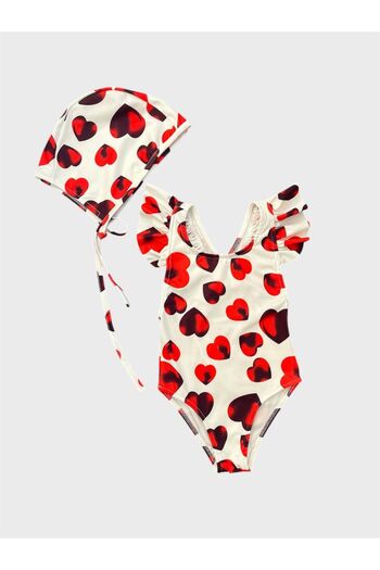 ALİŞ KİDS Girl's White Heart Patterned Cross Strap Ruffled Bonnet Swimsuit