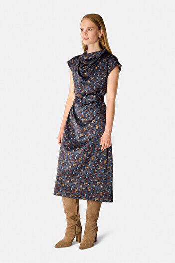 W Collection LACİVERT MİDİ DESENLİ ELBİSE