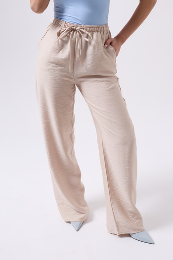 Clu Nika Beige Linen Blended Loose Cut Trousers