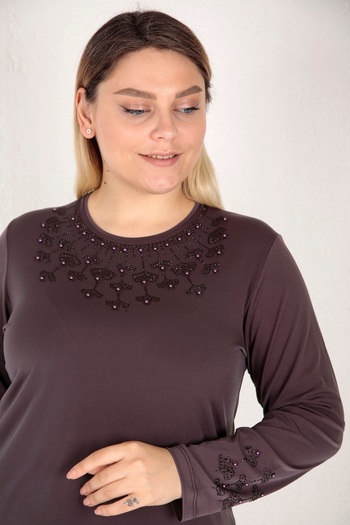 TRENDSE Mother Blouse, Stoned Sandy Fabric Pearl Evening Dress Blouse with Sleeve Detail