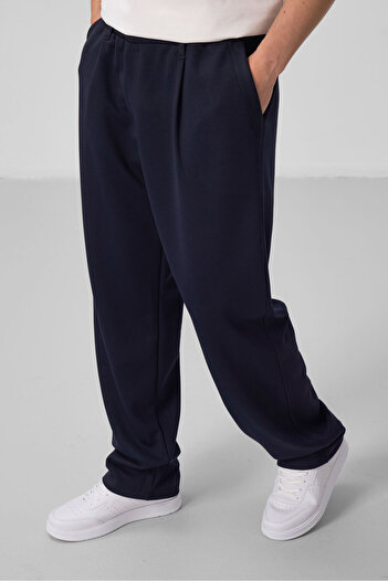 TOMMY LIFE Navy Blue Surface Textured Comfortable Form Palazzo Men's Trousers - 82163