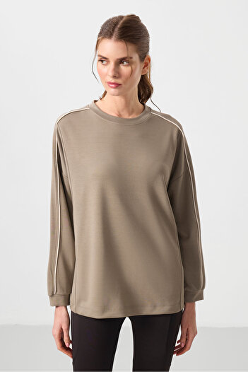 TOMMY LIFE Dark Beige Soft Textured O Neck Oversize Women's Tunic Sweatshirt - 97303