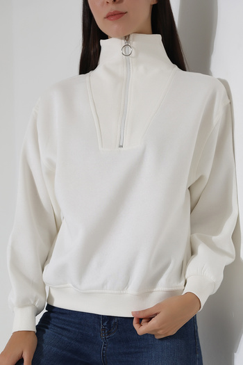 Endies Zippered Shirt Collar Oversize Wide Loose Basic Women's Sweatshirt 21971 Ecru