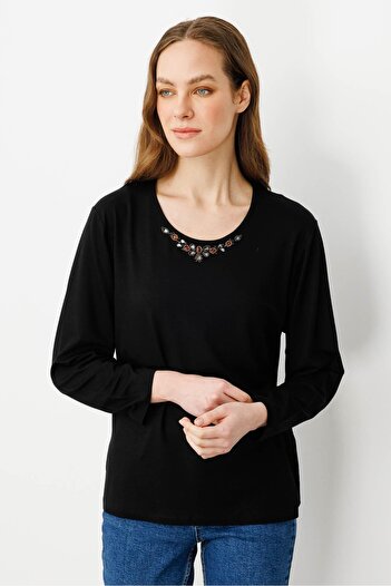 Desen Triko Women's Crew Neck Beaded Combed Cotton Blouse Black