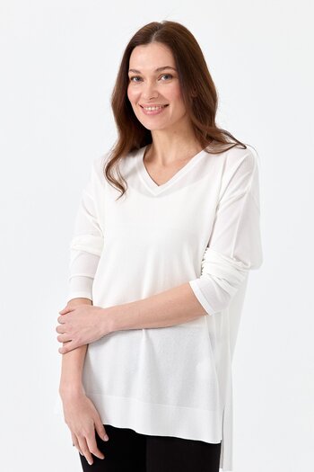 Desen Triko Ecru Women's V-Neck Thin Blouse