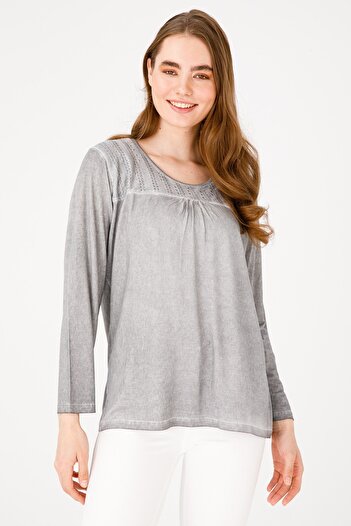 Desen Triko Women's Crew Neck Long Sleeve Jacquard Fabric Combed Cotton Blouse Gray