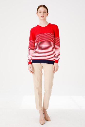 Desen Triko Women's Crew Neck Long Sleeve Striped Thin Knitwear Blouse Red