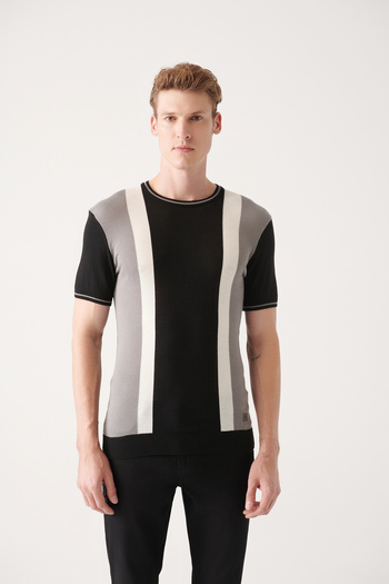 Avva Men's Black Crew Neck Color Block Knitwear T-Shirt A31Y5118