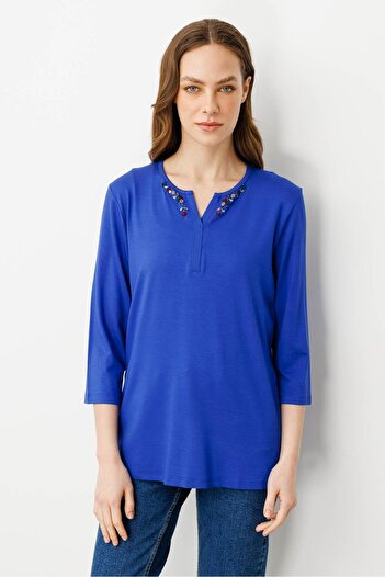 Desen Triko Women's Open Collar Embroidered Combed Cotton Blouse Saks