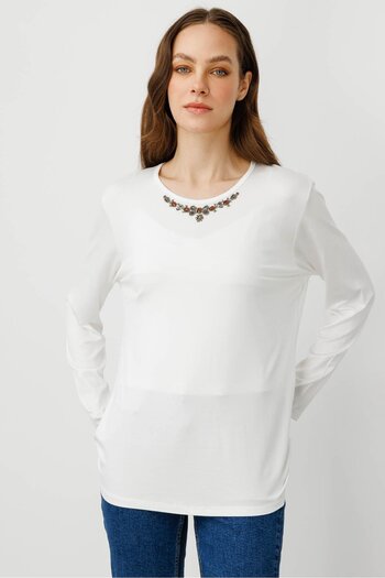 Desen Triko Women's Crew Neck Beaded Combed Cotton Blouse Ecru