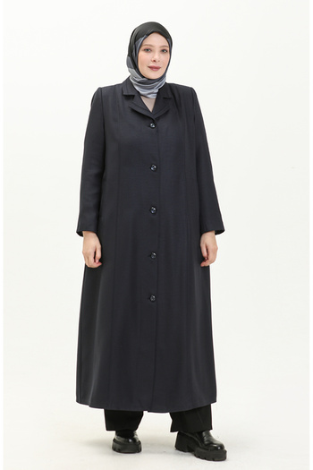 sefamerve Navy Blue Large Size Buttoned Lined Top Coat - 0422-03