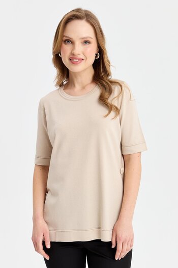 Desen Triko Women's Zero Collar Side Buttoned Thin Knitwear Blouse Beige