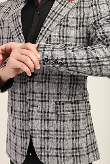 AGUSTİNİ Turkuaz Renk Kareli Desen,iki Düğme Çift Yırtmaç Sivri Yaka Slim Fit Kalıp Tek Ceket | Agustini