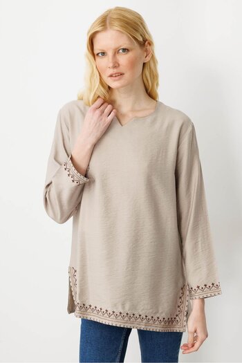 Desen Triko Beige Women's Naklishi Blouse Skirt and Slit Effect