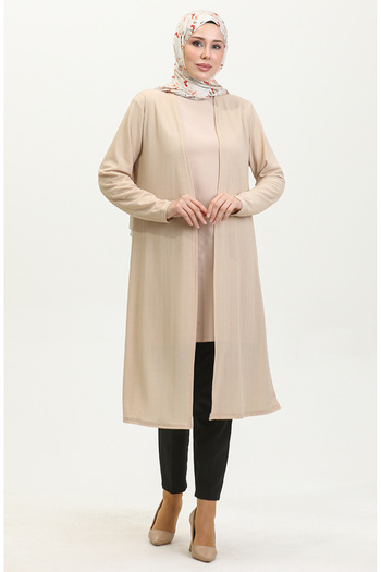 sefamerve 8727-02 Model Beige Plain Draped Long Cardigan