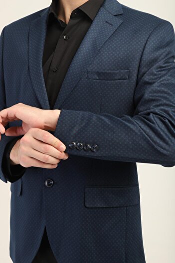AGUSTİNİ Lacivert Renk Yeşil Noktalı Desen,Mono Yaka Çift Düğme Çift Yırtmaç Tek Ceket Slim Fit Kalıp | Agust