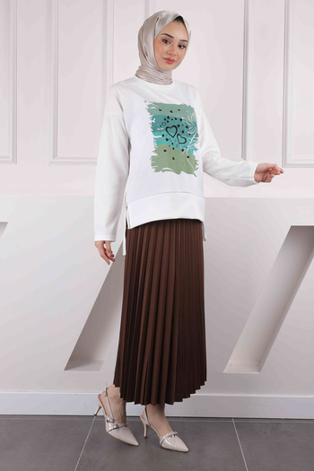 İmajButik Brown Mint Pleated Skirt Printed Scuba Suit