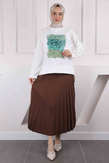 İmajButik Brown Mint Pleated Skirt Printed Scuba Suit