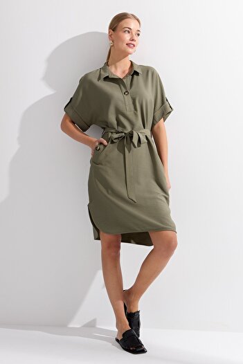 Desen Triko Women's Shirt Collar Collar and Pocket Buttoned Dress Khaki