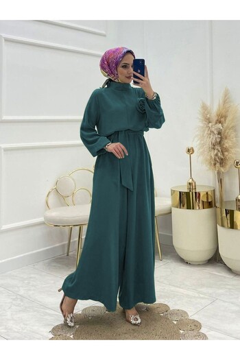 HİJABAYA Stand Collar Belted Rose Jumpsuit