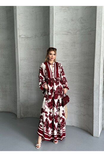 QUAWEAR Loose Fit Comfortable Fit V Neck Raglan Sleeve Buttoned Waist Patterned Full Length Dress