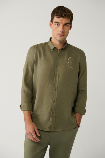 Avva Men's Khaki Buttoned Collar 100% Linen Embroidered Shirt A41Y2232