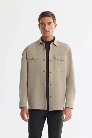 Avva Men's Beige Classic Collar Diagonal Comfort Fit Shirt Jacket A42Y2015