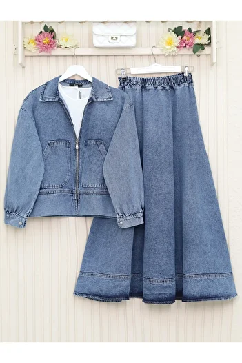 HİJABAYA Denim Suit with Side Buttons and Zippered Skirt