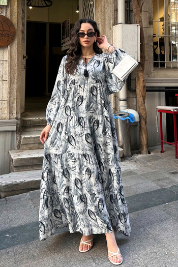 ASEDE 100% Viscose Bohemian Alaçatı Dress Buttoned Viscose Dress Suitable for Hijab