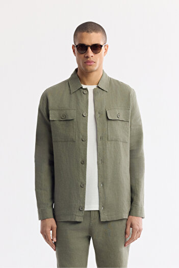 Avva Men's Comfort Fit Khaki Classic Collar 100% Linen Shirt Jacket A51Y2087