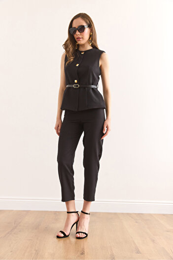 Olalook Women's Black Belted Vest Trousers Suit Tkm-19000380