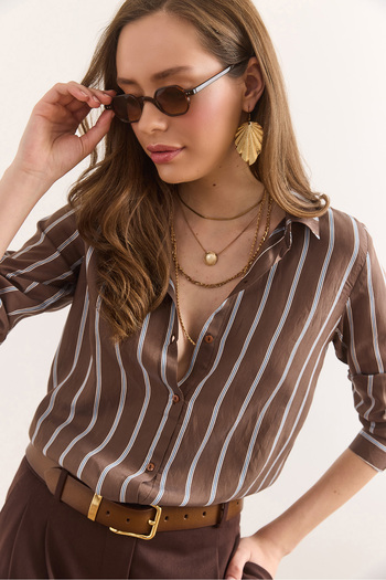 Olalook Women's Brown Striped Flowy Modal Shirt Gml-19001337