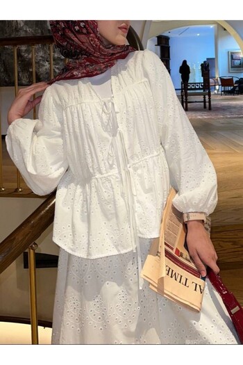 HİJABAYA Elastic Sleeves and Tie Front Lined Kimono Set