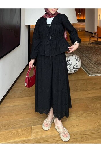 HİJABAYA Elastic Sleeves and Tie Front Lined Kimono Set