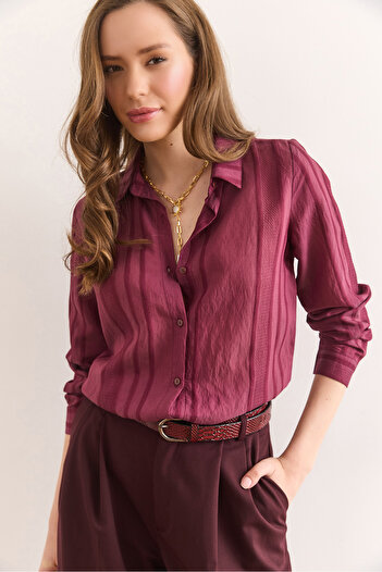 Olalook Women's Burgundy Geometric Stripe Detailed Flowing Shirt Gml-19001335