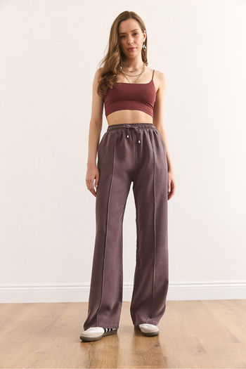 Olalook Women's Brown Elastic Waist Pocket Flowy Gabardine Trousers Pnt-19000336