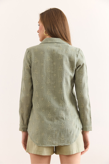 Olalook Women's Green Embroidery Detailed Muslin Shirt Gml-19001333