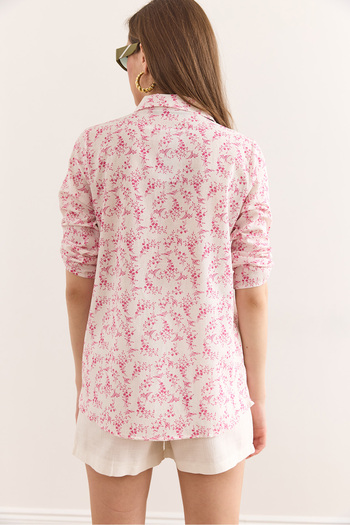 Olalook Women's Tiny Flower Fuchsia Handle Folded Cuffless Linen Content Shirt Gml-19001338