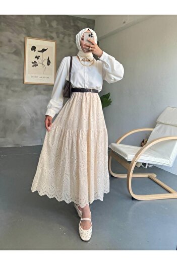 HİJABAYA Segmented Pearl Detailed Elastic Waist Skirt