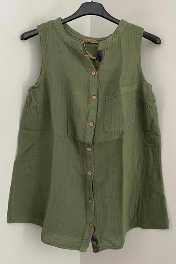 AYASOFYA OTANTIK Women's Khaki Button Closure Collar Pocket Detailed 100% Cotton Muslin Tank Top